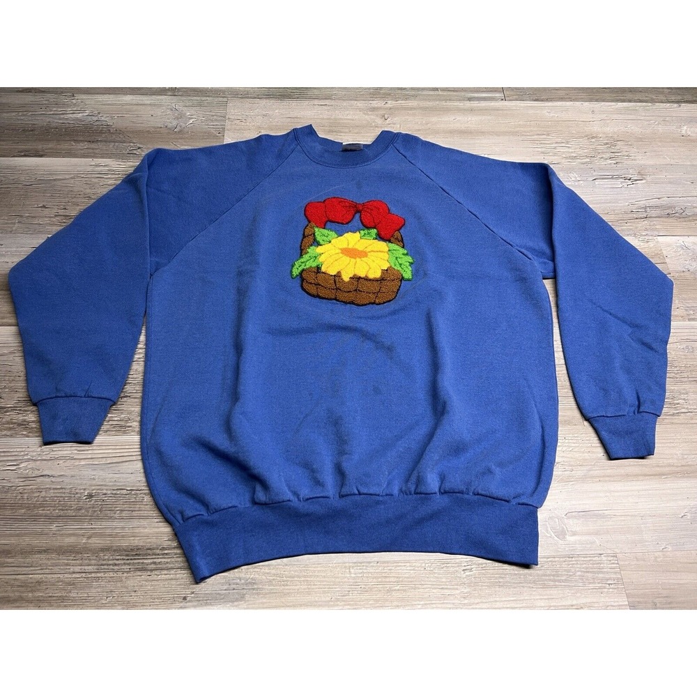Vintage Grandma Sweatshirt Embroidered Rug Stitch Floral Cottagecore Size XL USA